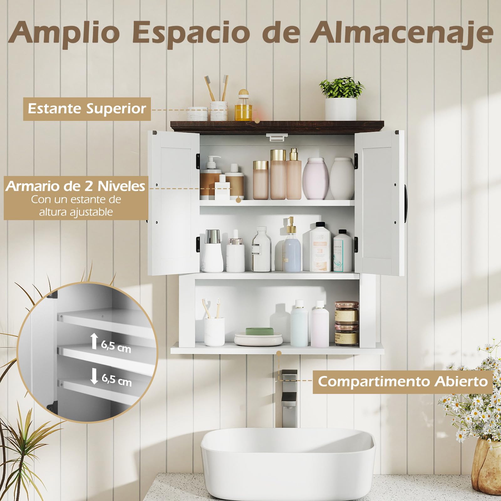 COSTWAY Botiquín con Puertas, Armario de Pared para Baño Estilo Rústico con Estante Ajustable y Compartimento Abierto, Organizador de Pared para Sala, Cocina, Entrada (Blanco)