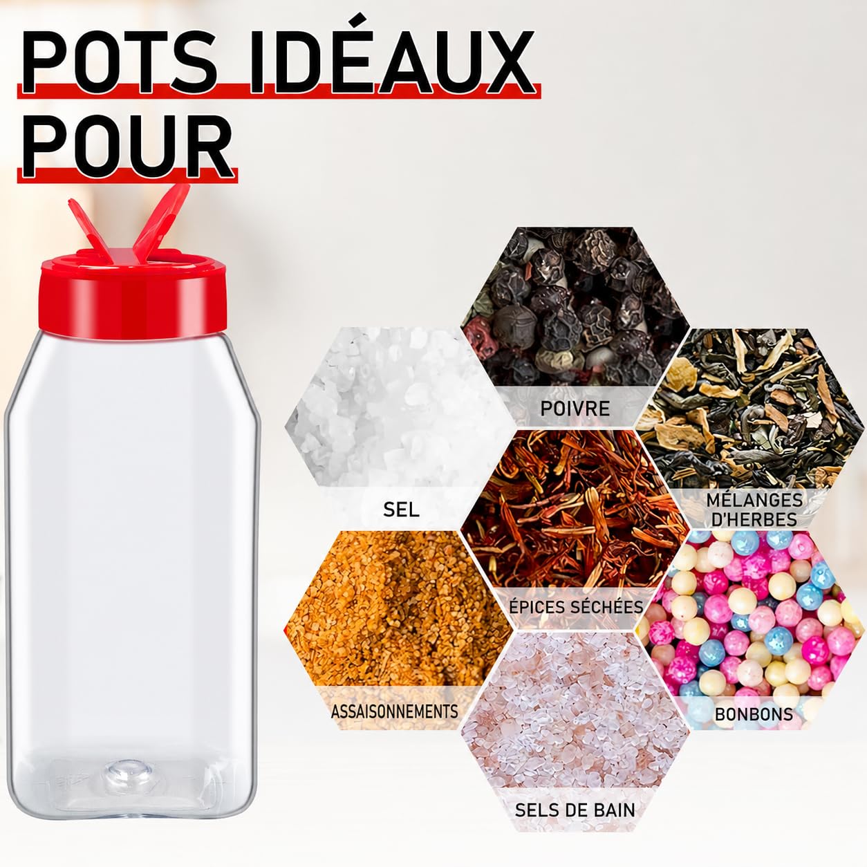 Lot de 28 Pots à Épices en Plastique 500 ml, Couvercles à Double Ouverture | Bocaux à Épices Réutilisables avec Étiquettes pour Sel, Herbes, Poivre, Poudres et Organisation de Cuisine
