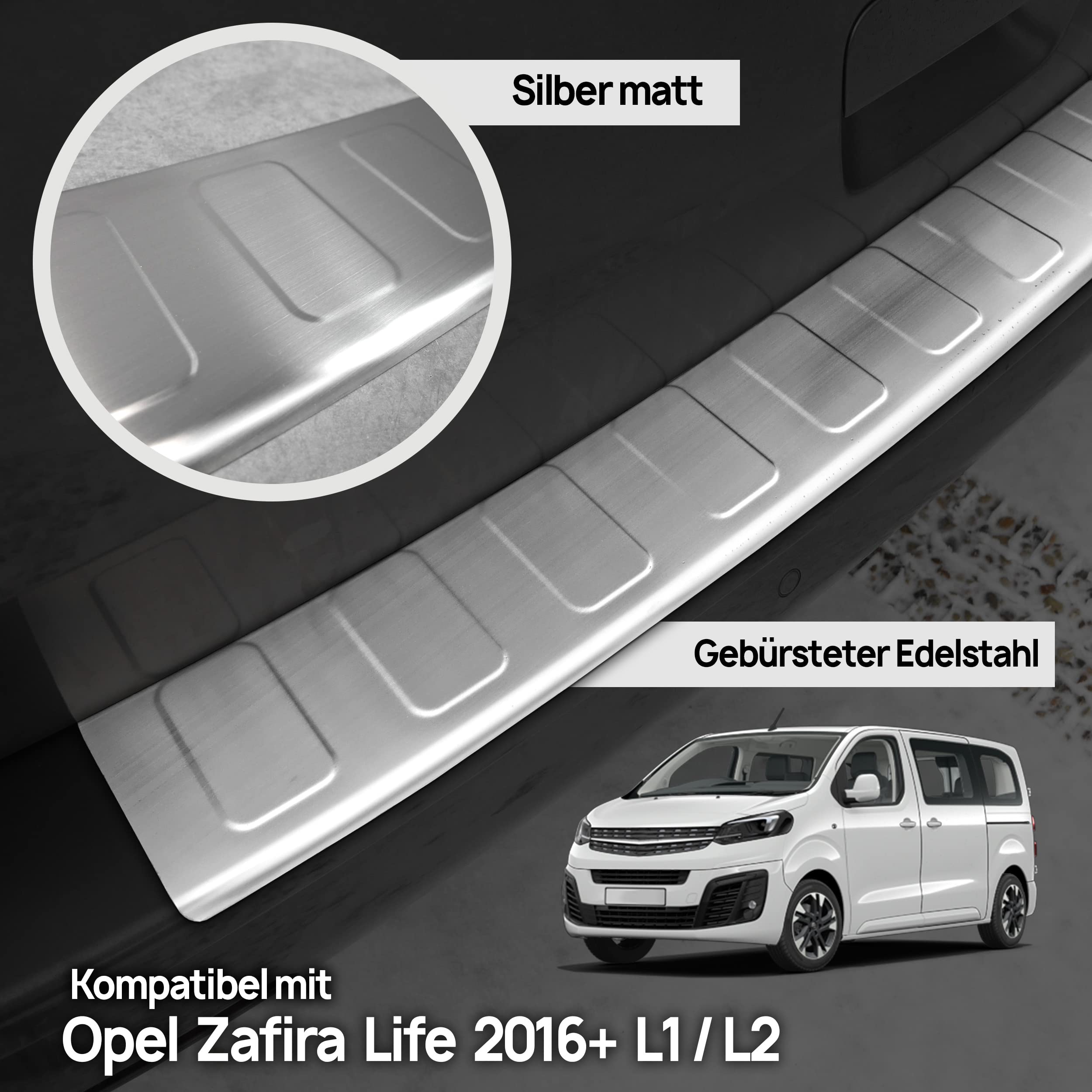 CHROMEMASTER | Ladekantenschutz | Kompatibel mit Opel Zafira Life 2019- S Compact, M Long; Gebürsteter Edelstahl, Silber Matt; Unsere Lackschutzleiste Sichert den Heckstoßfänger vor Kratzern