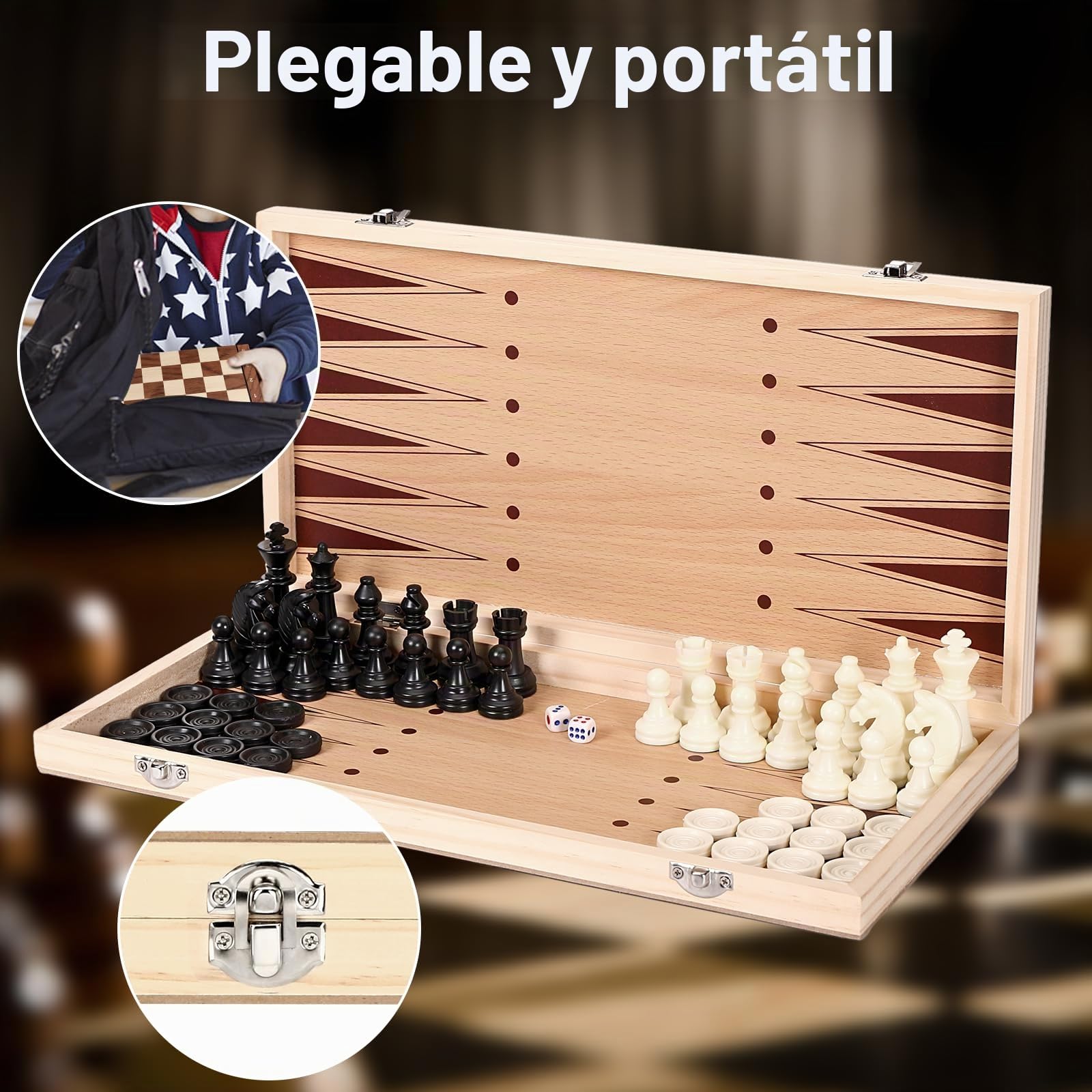 Mkitnvy Ajedrez Magnetico, 3 en 1 Ajedrez Madera Juego de Ajedrez Backgammon Damas, Portátil Plegable Tablero Ajedrez, Chess Board para Niños y Adultos Viaje (39×39cm), CX-GJXQ-39