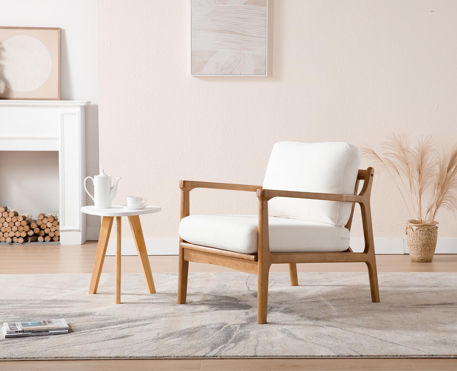 Ya-Home Poltrona Imbottita Sedia da Salotto in Tessuto di Lino Poltroncina Moderna con Struttura Legno Massiccio Sedie Imbottita con braccioli per Camera da Letto/Soggiorno, Beige