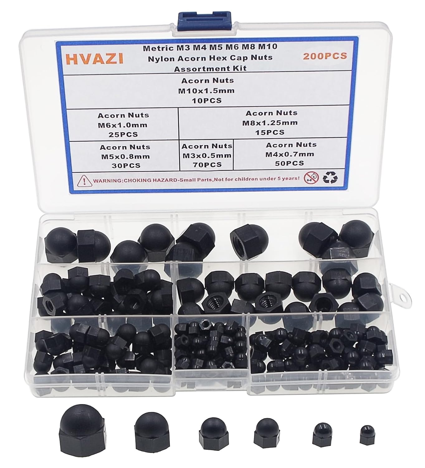 6 Sizes Metric M3 M4 M5 M6 M8 M10 Black Nylon Acorn Hex Cap Nuts Assortment Kit