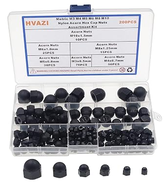 200PCS 6 Sizes Metric M3-M10 Black Nylon Acorn Hex Cap Nuts Kit | Black Plastic Dome Cover Caps, M3 M4 M5 M6 M8 M10 Coarse Thread Hexagonal Blind Nuts for Furniture, Decoration, DIY w/ Box