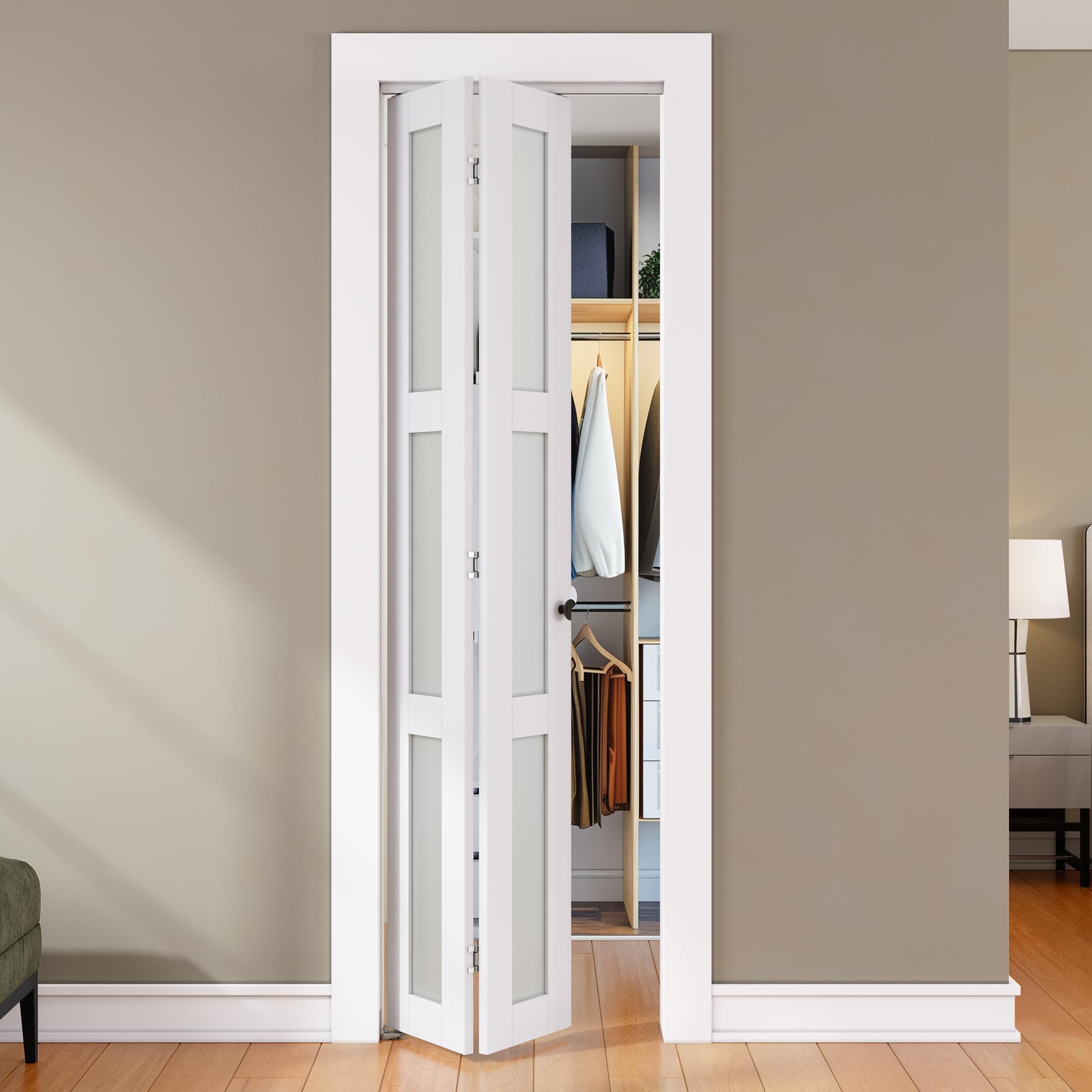 Photo 1 of ***Two Boxes***SMARTSTANDARD Bifold Door, for 24"x 80" Opening,Tempered Frosted Glass Closet Folding Barn Door with Hardware Kit, Water-Proof PVC Surface,Easy Install,White