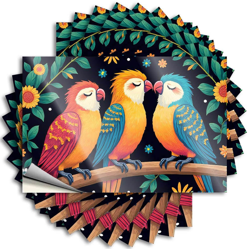 Fzfn Colour Funny Garden Decor Laptop Tattoos - Three Colorful Parrots Perched On A Branch Surrounded By Flowers. Neutral Durable Sticker Easy Apply For Paw Decor(8X12cm)