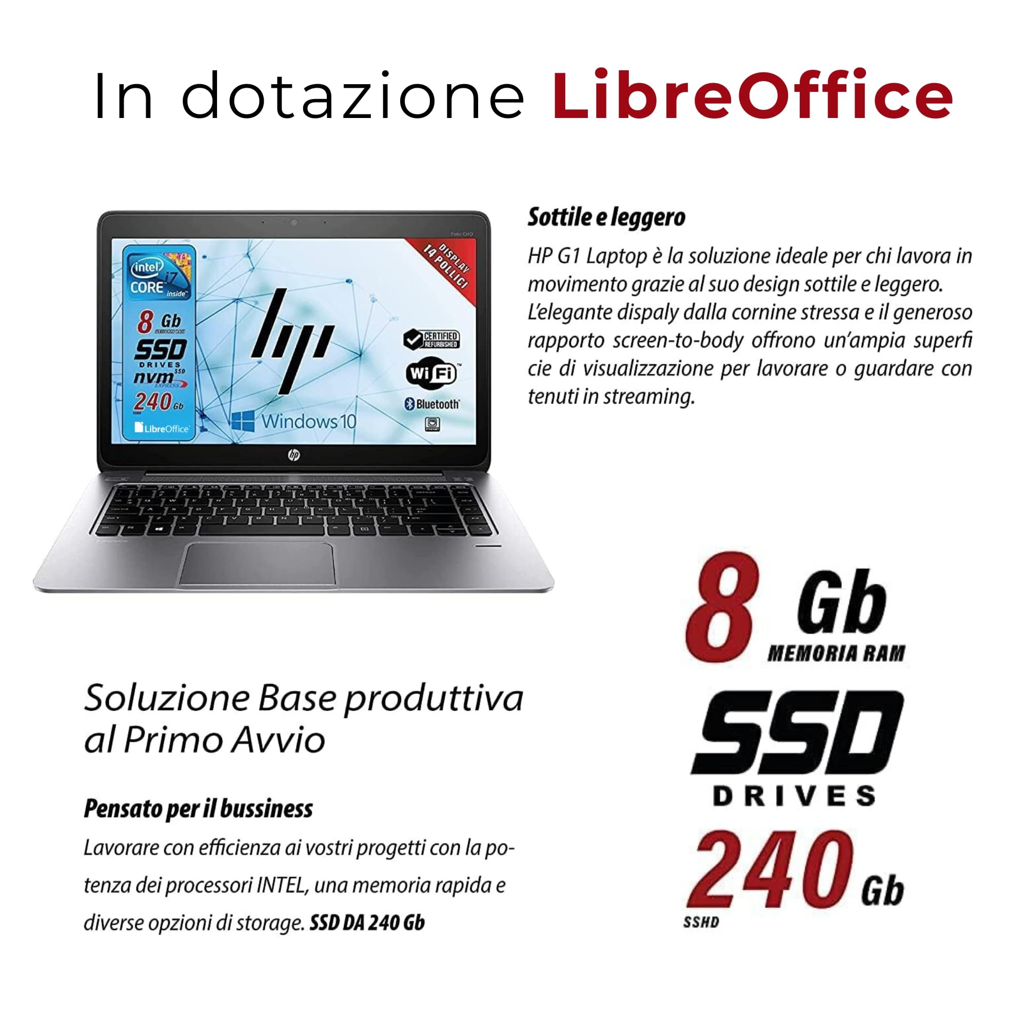 HP Elitebook Folio, Notebook Pc portatile Pronto All'uso, Display 14", Intel Core i7, Ram 8GB, SSD 240GB, Win 10Pro, Pacchetto Libre Office (Ricondizionato)