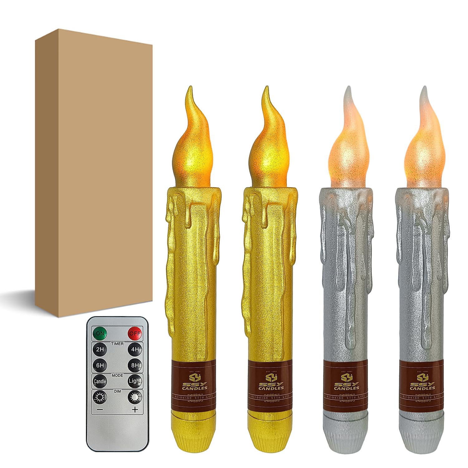FCMSHAMD Gold Silver Christmas Flameless Short Taper Candles, LED Battery Operated with Remote, Flickering Flame Lights for Home Décor, 6.7 Inch Primitive Flameless Print Candles, 4PCS — image 1