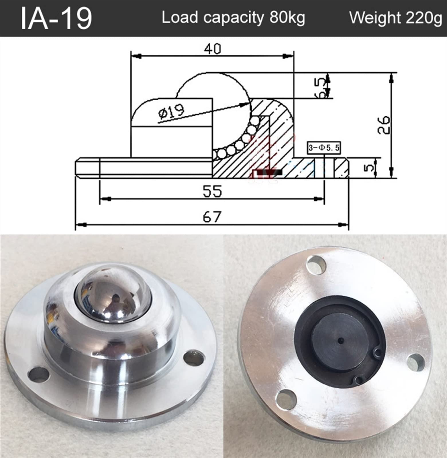 Heavy Duty 19 25 38 Präzision Universal Kugellager Rollen Rad Runde 3 Löcher 1Pcs(IA-19)