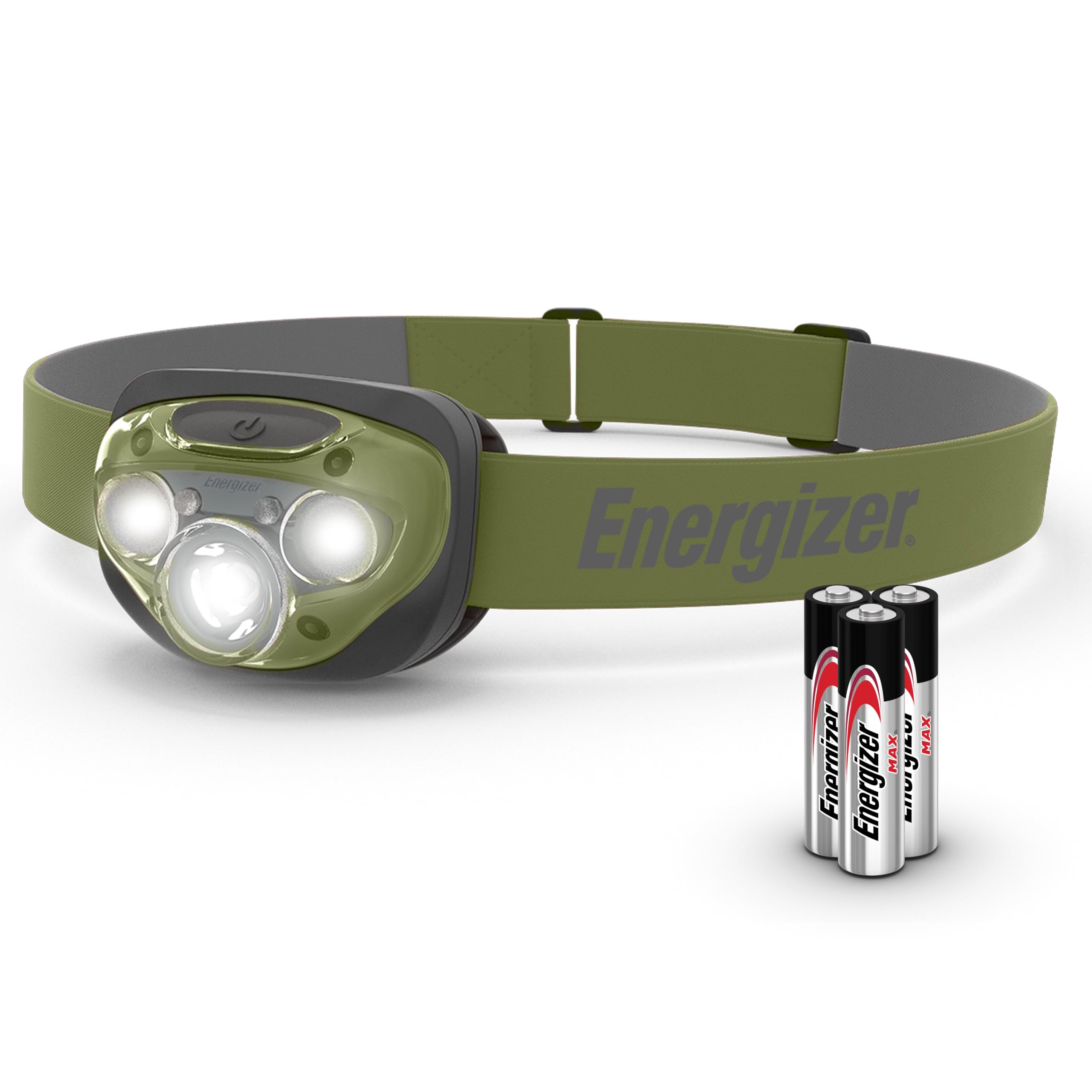 Energizer LED Head Torch, Powerful Bright Headlamp, Water Resistant Headlight for Camping, Fishing and Running, Batteries Included, Forest Green