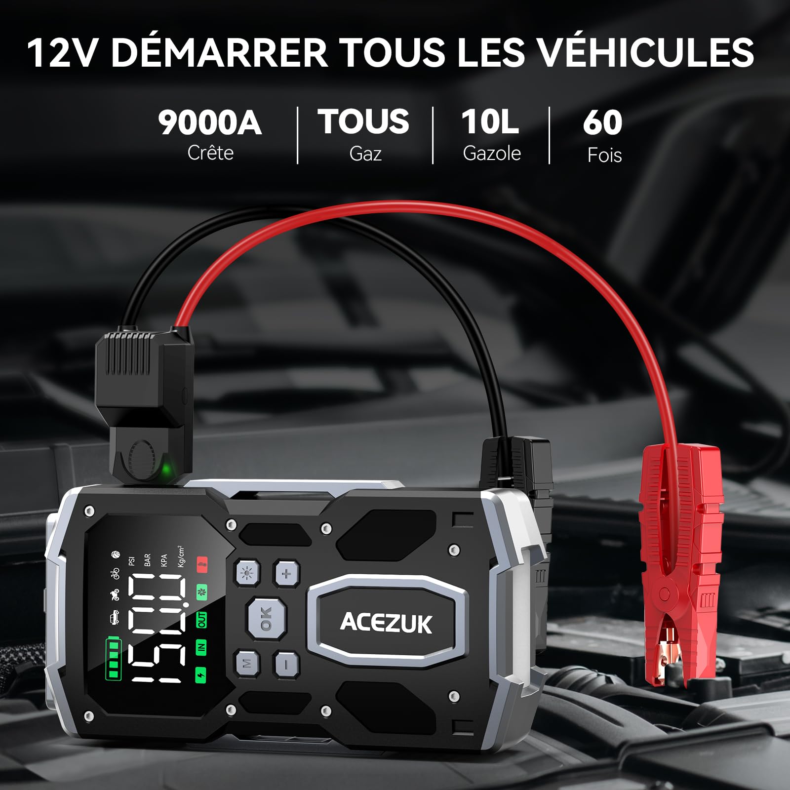 ACEZUK Booster Batterie Voiture 9000A, 150PSI Gonfleur Pneus Voiture, Démarreur avec Compresseur à Air, 12V Jump Starter pour Véhicule(Tout Gaz ou 10L Diesel), 400 Lumens LED