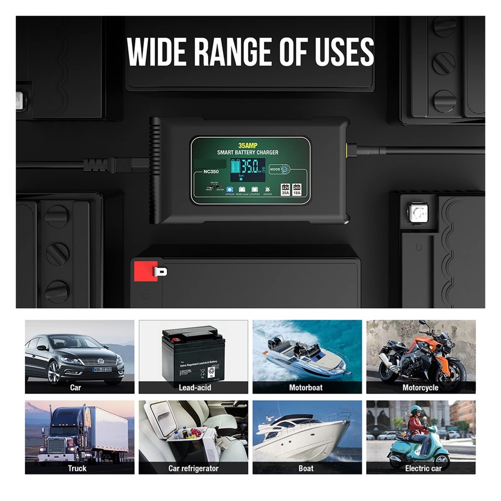 Chargeur de Batterie, 35A chargeur de batterie de voiture réparation d'impulsion affichage LCD Charge rapide intelligente for les Batteries Lithium-acide de plomb de camion de Moto automatique