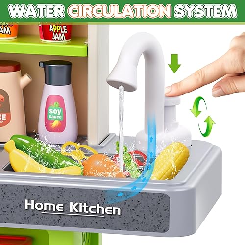 Miniatura 6 de Juego de cocina para niños, juego de cocina para niños pequeños con sonido y luz, estufa de cocina con vapor, fregadero de juegos, juguete de comida