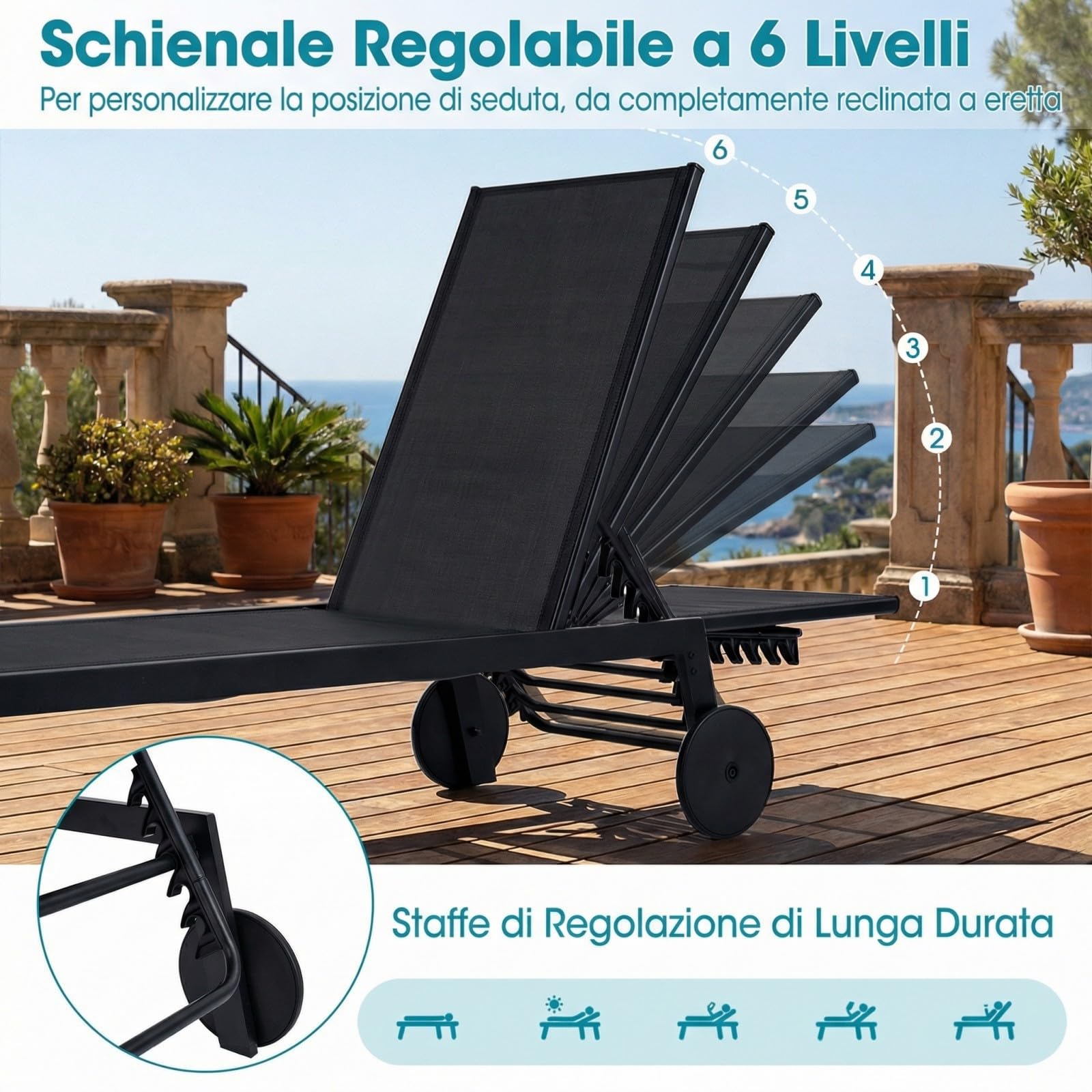 COSTWAY Lettino Prendisole da Giardino, Sdraio da Patio con Schienale Regolabile a 6 Posizioni, Tessuto Traspirante, 2 Ruote, per Piscina, Terrazza e Giardino, Portata 150 kg (Nero,1)