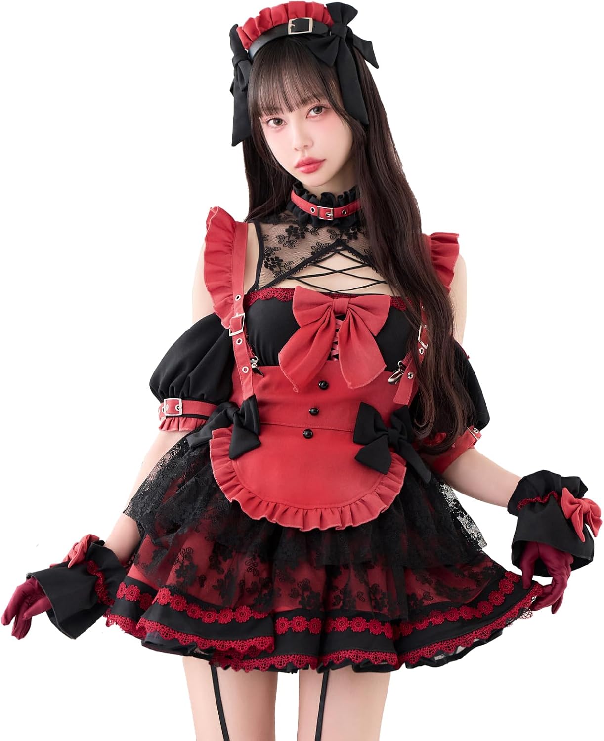 [Malymoon] コスプレ メイド ウエイトレス 家政婦 赤 灰色 フリル レース メイド服 リボン 衣装 仮...
