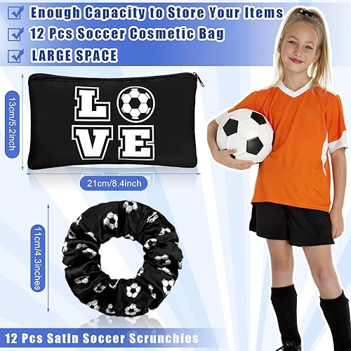 Miniatura 8 de Sweetude Juego de regalos de fútbol  12 bolsas de maquillaje, 12 bandas de satén para fútbol, bolsa de viaje portátil para cosméticos, lazos
