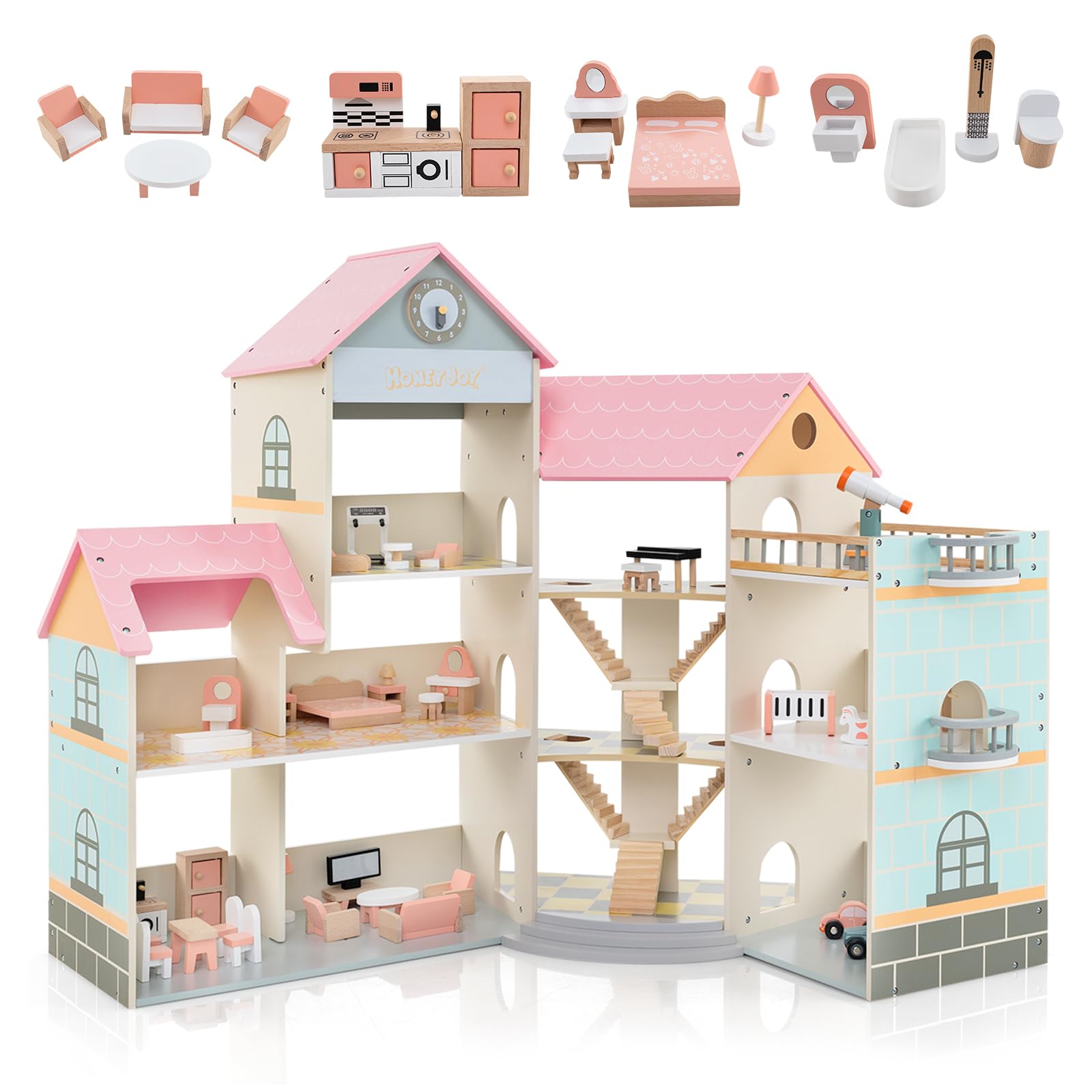 HOMASIS Casa delle Bambole in Legno per Bambini su 3 Livelli, Doll House con 42 Mobili e Accessori con 7 Stanze, Bella Casa da Sogno Principessa per Bambole, per Bambini 3+ Anni (Rosa)