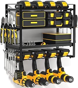 4 Layer Power Tool Organizer Wall Mount, 4 Drill Holders, Metal Utility Rack for Cordless Power Tools, Suitable for Garage Organization, Workshop, Pegboard, Shed (4slot-16inch)
