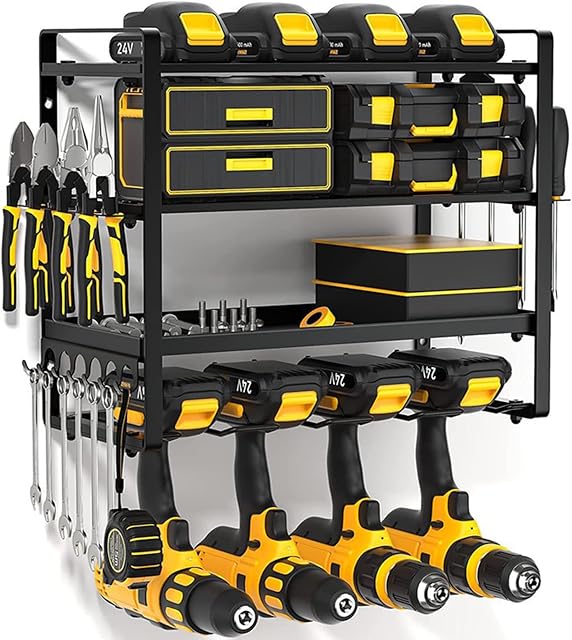 4 Layer Power Tool Organizer Wall Mount, 4 Supports de forage, rack d'utilité en métal pour outils électriques sans fil, adapté pour l'organisation du garage, atelier, pegboard, Shed (4slot-16inch)