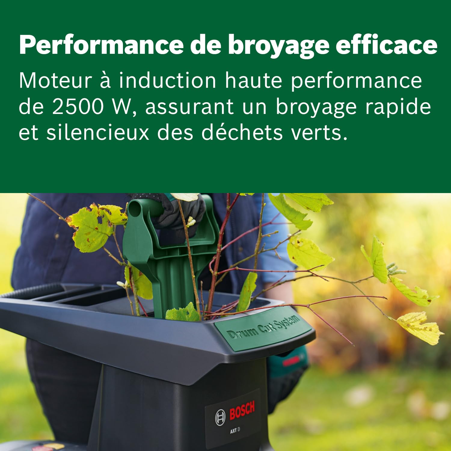 Bosch Broyeur de jardin silencieux - AXT 25 D | 2 500 W ; conçu pour le bois et les arbustes épineux ; bac de ramassage intégré de 53 L