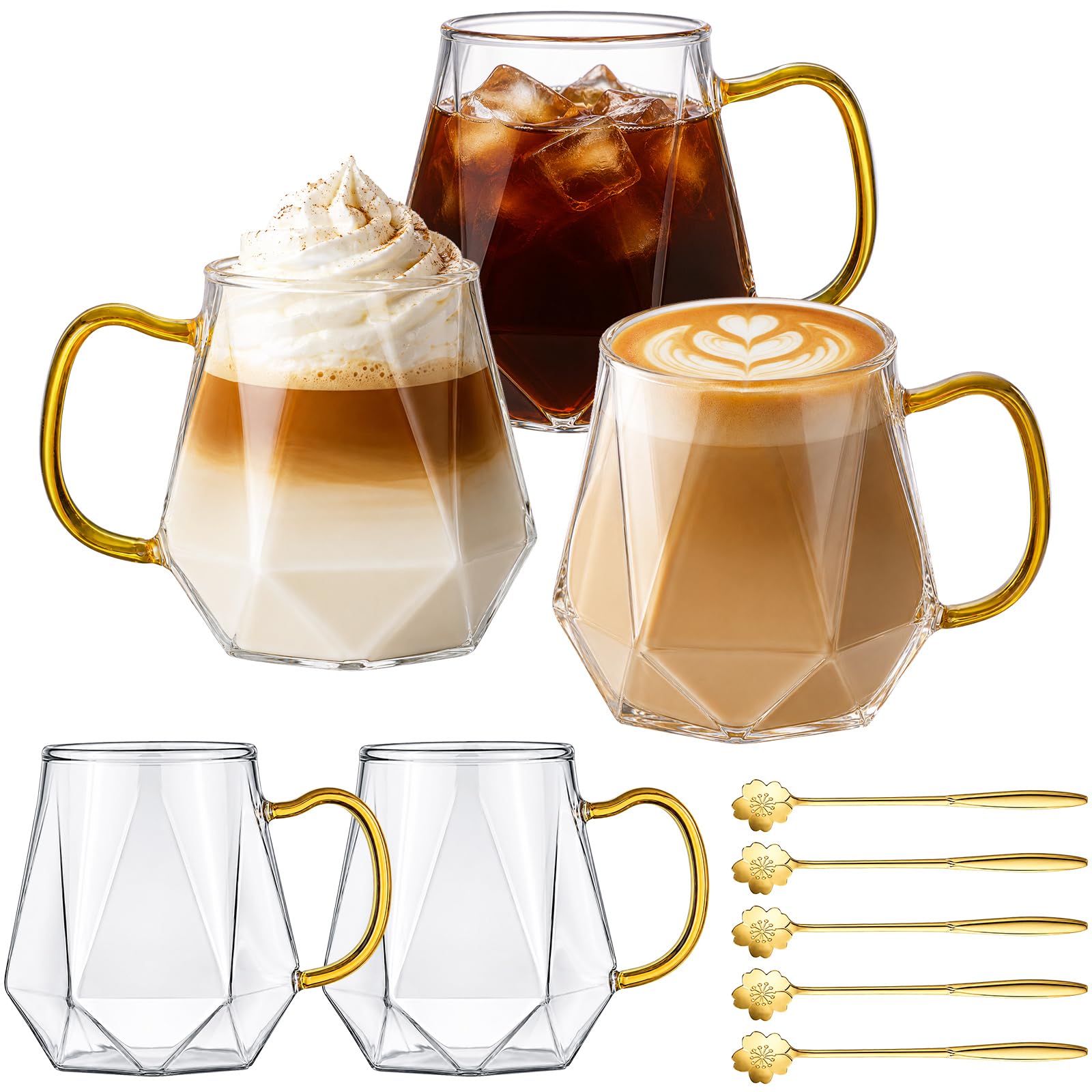 CoKeeSun Glass Coffee Mugs 320ml, Set of 5, Latte Glasses with Handle,Spoon