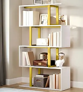 DWVO Geometric Bookshelf, 5-Tier Bookshelf S-Shaped Bookshelves, Modern Geometric Bookcase Freestanding Multifunctional Storage Shelving for Living Room Home Office,White Gold