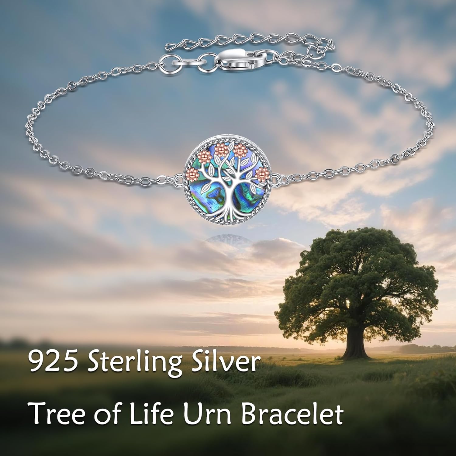 Tree of Life Urn Bracelet for Ashes, 925 Sterling Silver Family Tree Flower Pendant Bracelets Memorial Keepsake Cremation Jewelry Gifts for Women, 7"+2"