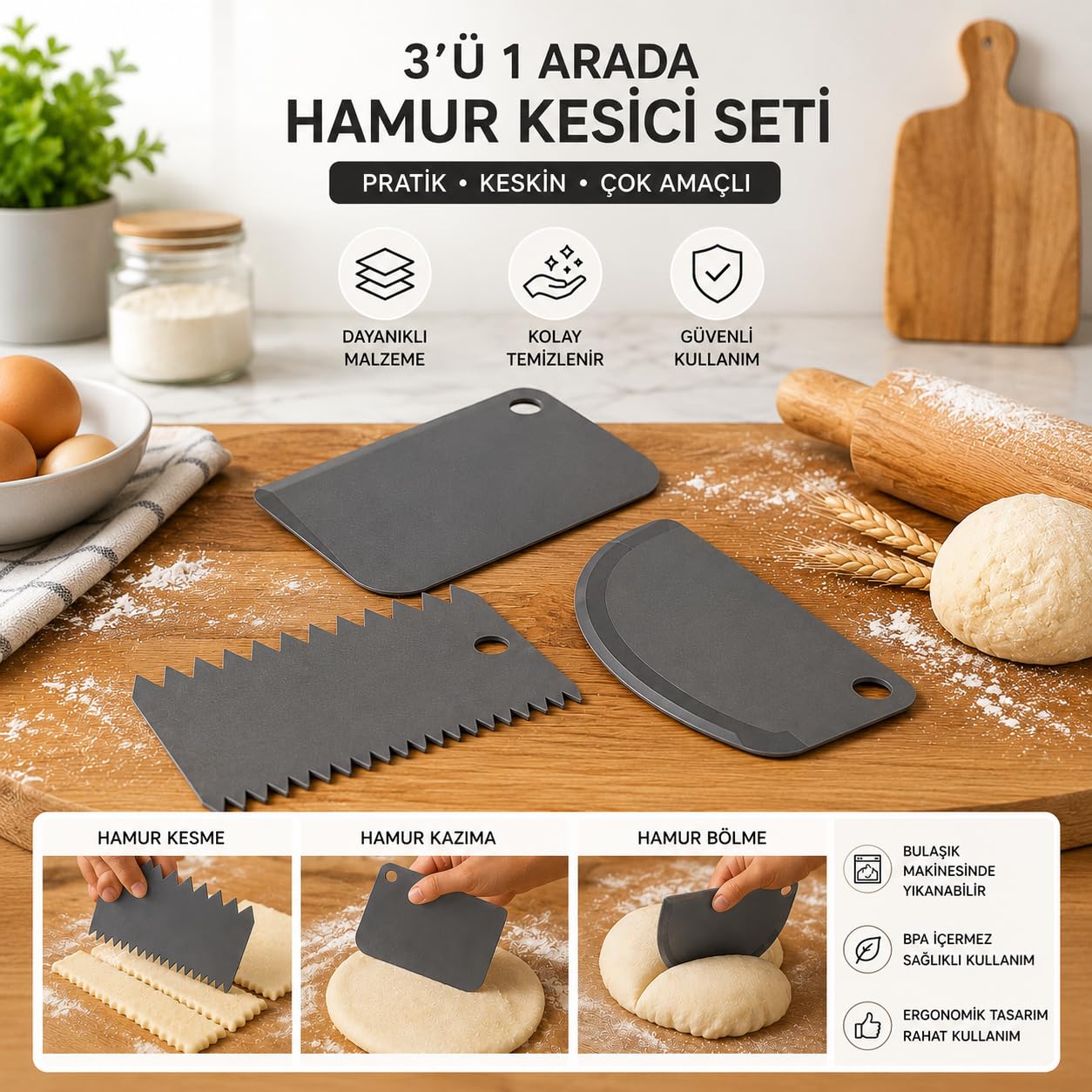 3’lü Hamur Pasta Kesici Kazıyıcı Dilimleyici Şekillendirici Plastik Aparat (Asortili)