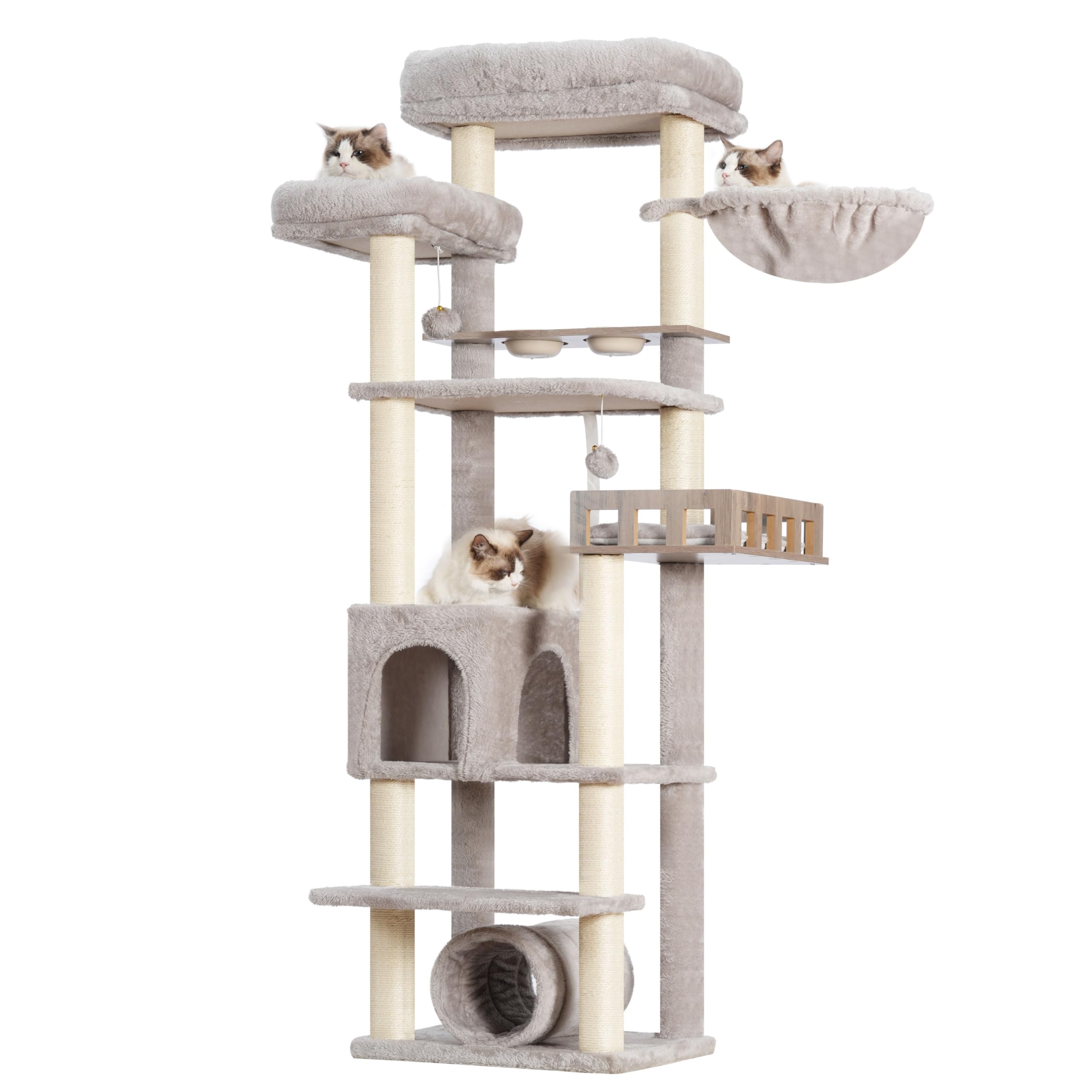 Gitelsnour Arbre à Chat avec Station d’Alimentation et Plateforme en Bois, Arbre de 167 cm avec Tunnel et Niche pour Chat, 11 poteaux à griffer en sisal, Plateforme supérieure, Gris Clair GCT021W