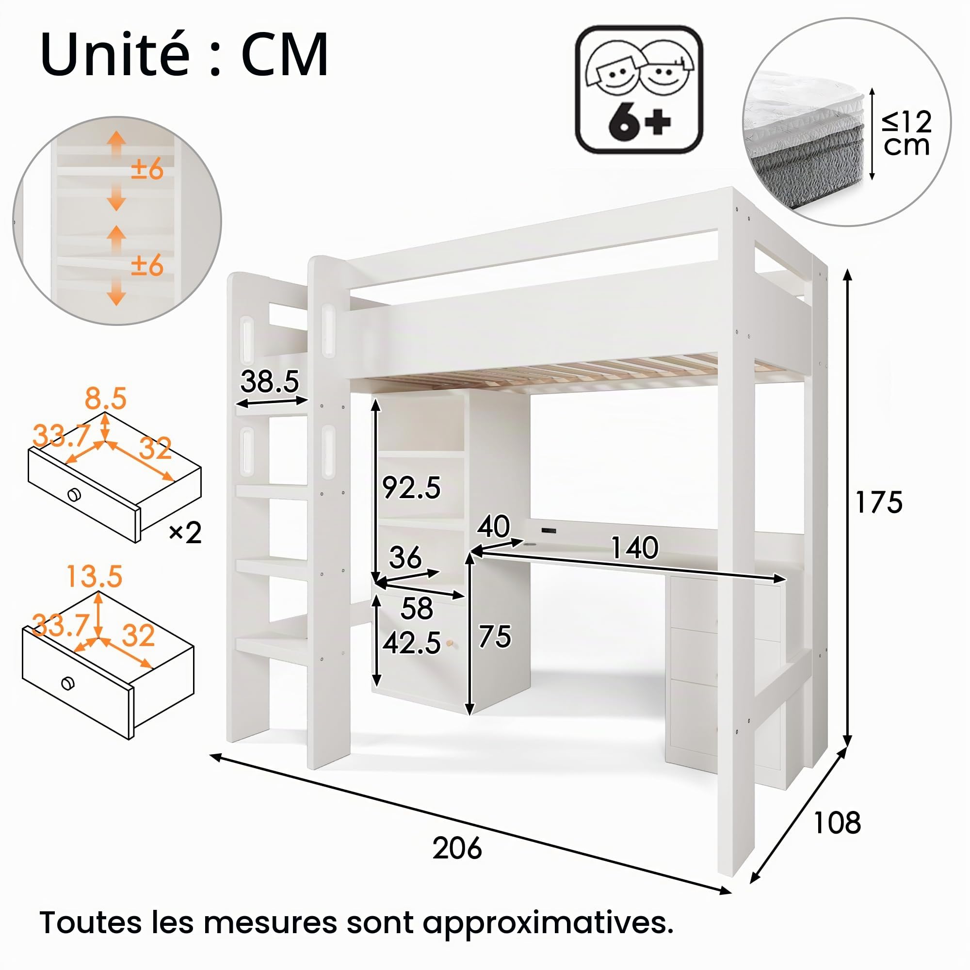 Zepneiy Lit Mezzanine 1 Place avec Bureau USB, lit Mezzanine Enfant avec Armoire et classeur, Lit Superposé Enfant 90x200 avec à Lattes et Espace de Rangement, Blanc (sans Matelas)