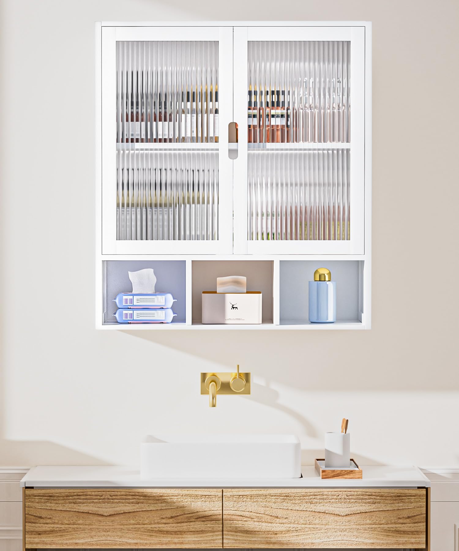 Yorbay Bathroom Wall Cabinet with 2 Frosted Glass Doors and Open Space