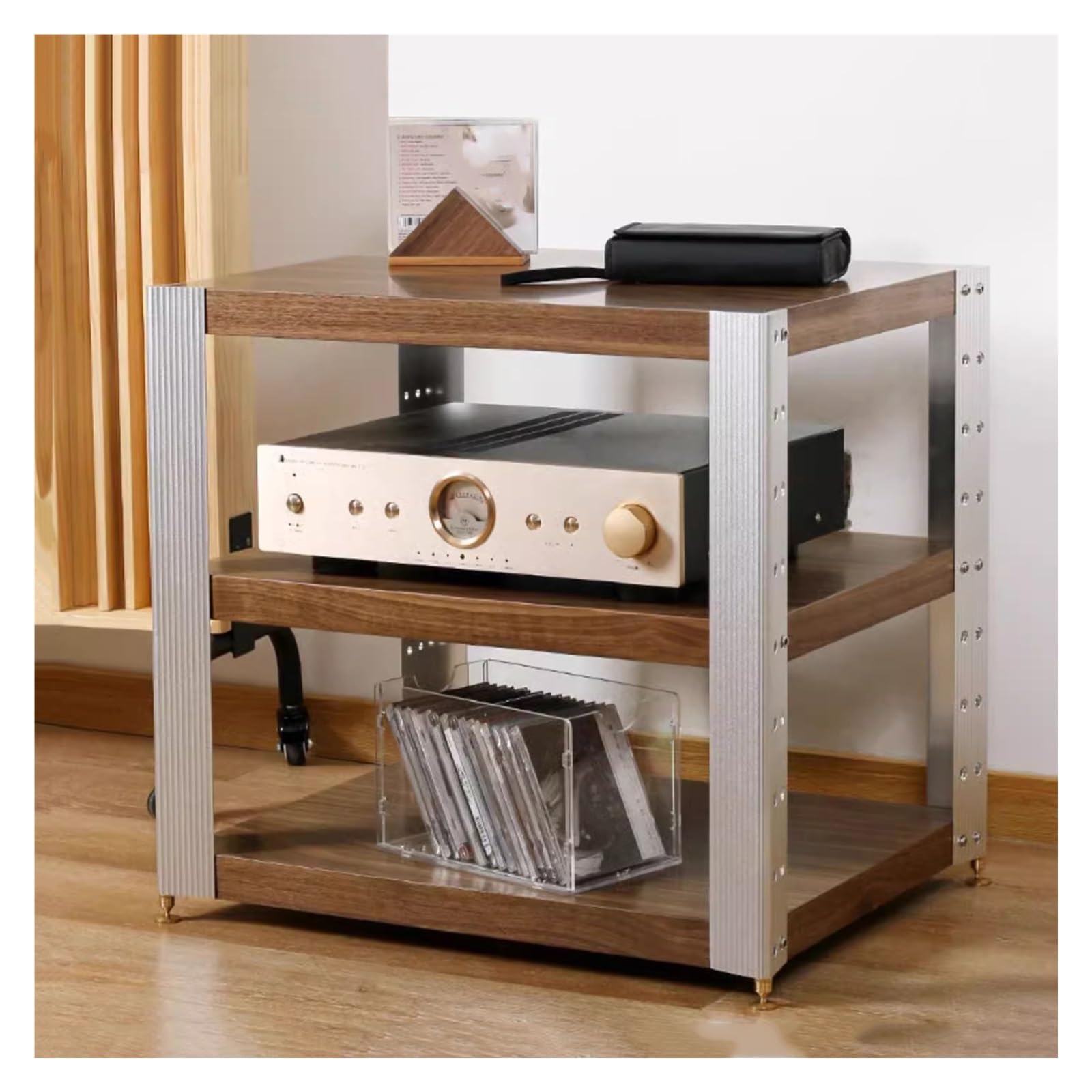 AV Media Stand Corner Shelf 2-Tier - Wooden Stereo Audio Rack with Adjustable Shelf - Entertainment Stand Height Adjustable Console Rack (Walnut)