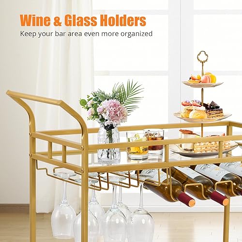 Miniatura 6 de Carrito de bar grande dorado, carrito de servicio de bar en casa, carrito de vino con 2 estantes espejados, soportes para vino, soportes de vidrio,