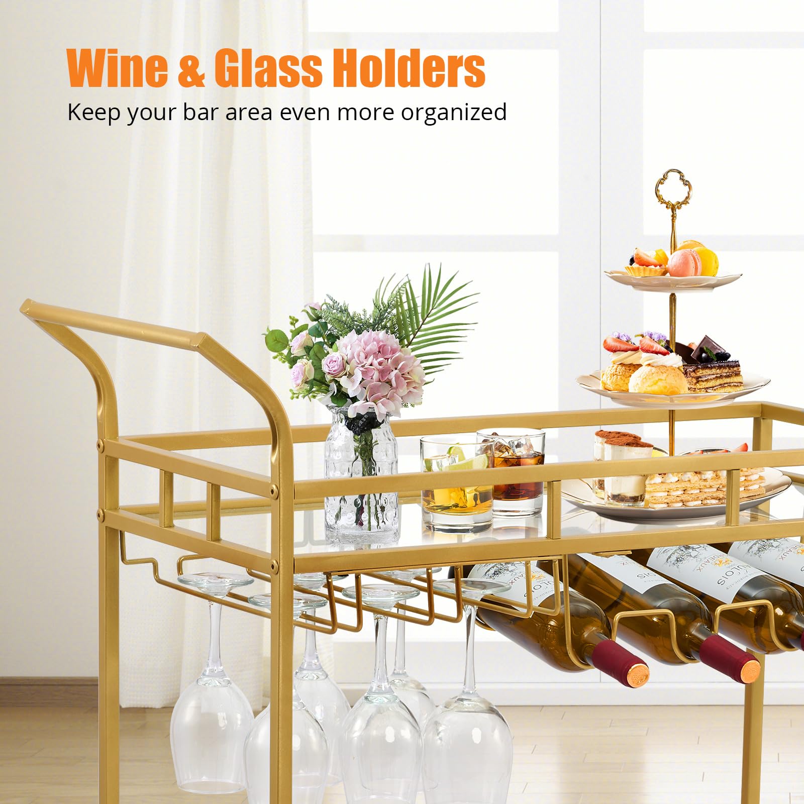 Großer Barwagen Gold, Home Bar Servierwagen, Weinwagen mit 2 Spiegelablagen, Weinhalter, Glashalter, für Küche, Esszimmer, Gold