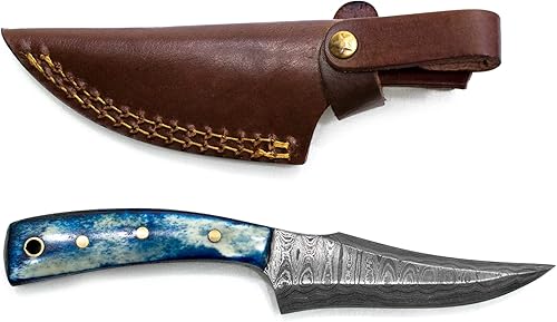 Titan International Knives Cuchillo para despellejar Damasco de caza de 7.2 pulgadas, hoja fija de acero de alto carbono y mango de hueso teñido