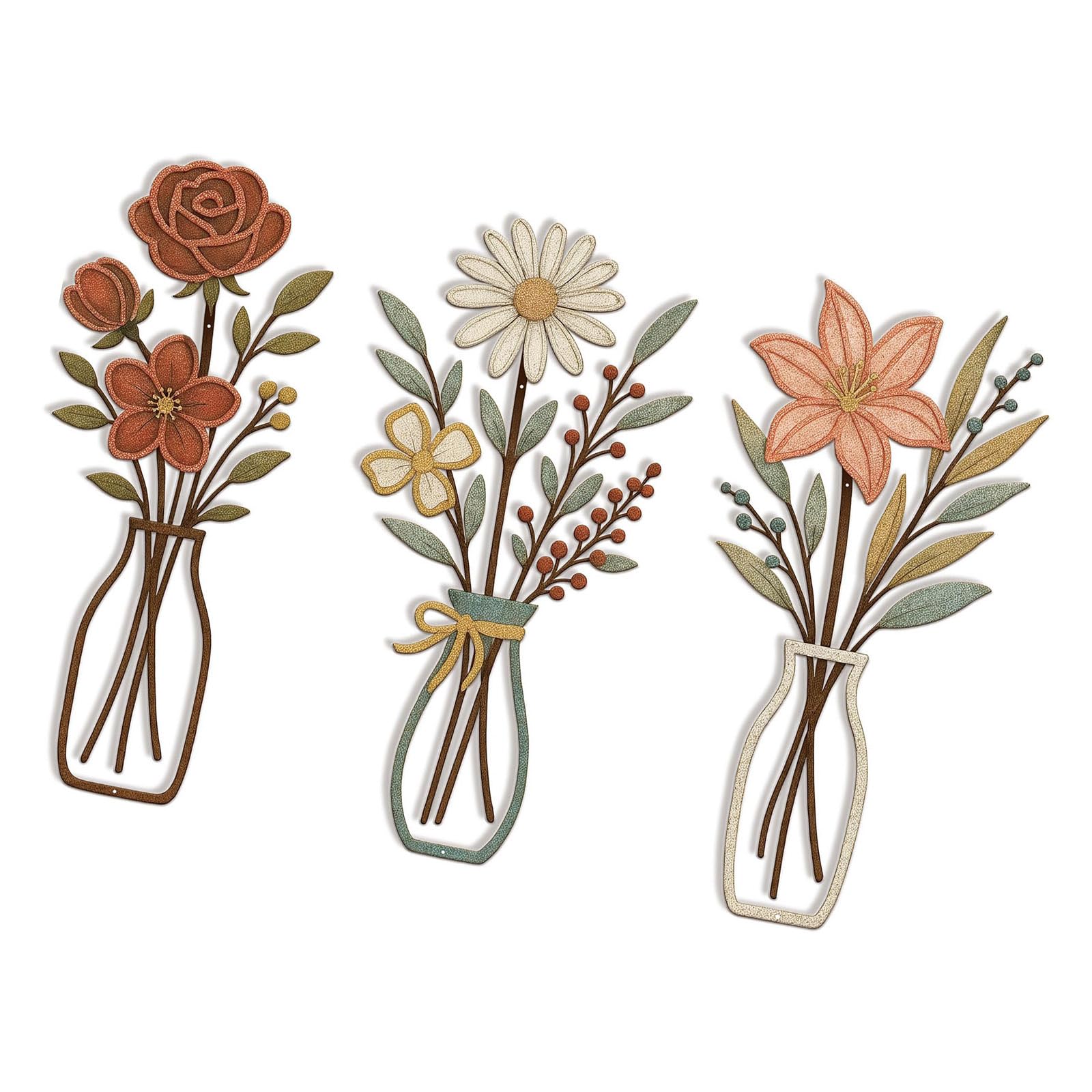 Mekalero 3Pieces Metal Flowers Wall Art Rustics Farmhouse Styles Decors Flower Wall Hanging Sculptures Housewarming Women Rustics Farmhouse Decors for Living Room