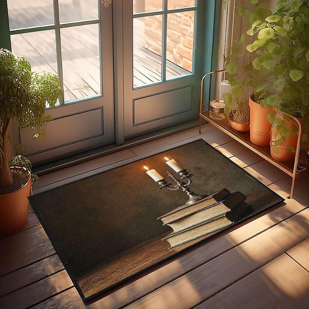 Paillasson extérieur livres et bougeoirs pour entrée maison cosy