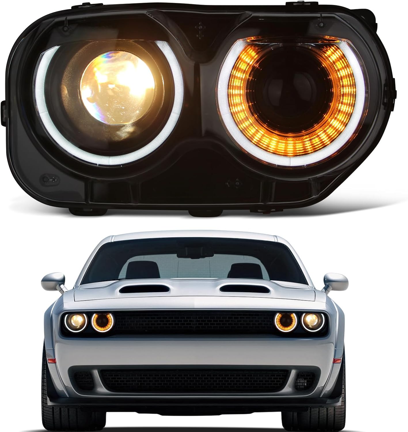 Headlight Assembly Compatible With Dodge Challenger 2015-2021 Black Housing Halogen Head Lights Replaceable 68174064AF CH2503267 Headlight(Right Passenger Side Challenger 15-21)