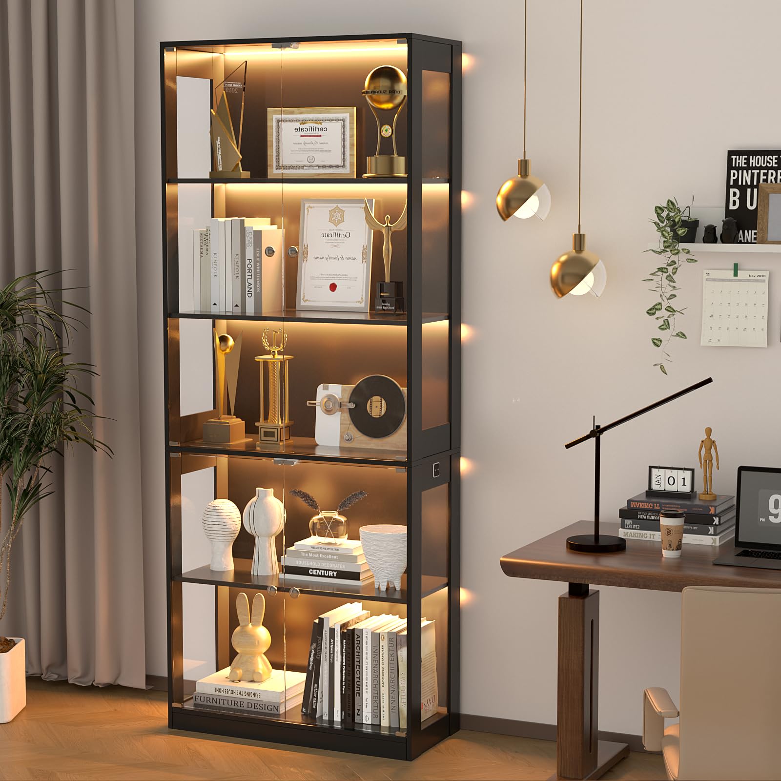 VOWNER 5-Lagen LED Vitrine mit Glastür, Vitrinenschrank mit 3-farbige Beleuchtung Bewegungssensor, Glasvitrine für Sammlerstücke, Bücherregal für Wohnzimmer, Schlafzimmer (Schwarz, 5 Einlegeböden)