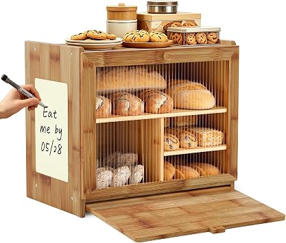 HOOMESUN Double Layer Bread Box for Kitchen Countertop, Large Bamboo Wooden Breadbox with Acrylic Window, Farmhouse Vintage Bread Storage Holder, 2 Tier Organizer for Pantry, Cabinet