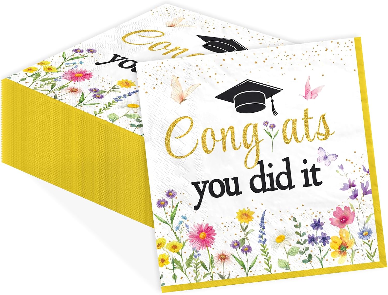 100 Pcs Wildflower Graduation Paper Napkins Watercolor Floral Congrats Grad Disposable Absorbent Hand Towels Spring Floral Butterfly Guest Napkins for Class of 2026 Graduation Prom Decorations
