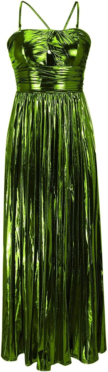 GOKKILRW Womens Luxury Metallic Maxi Dress Adjustable Spaghetti Straps Sleeveless Elegant Pleated Sparkly Party Evening Gown