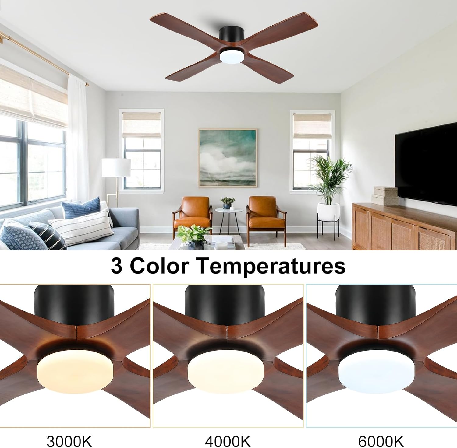 54" Ceiling Fans with Lights -Modern Low Profile Flush Mount Ceiling Fan, 6-Speed Remote, 3CCT,4 Solid Wood Blades, Quiet DC Motor, for Bedroom, Living Room, Matte Black Finish with Walnut Blades
