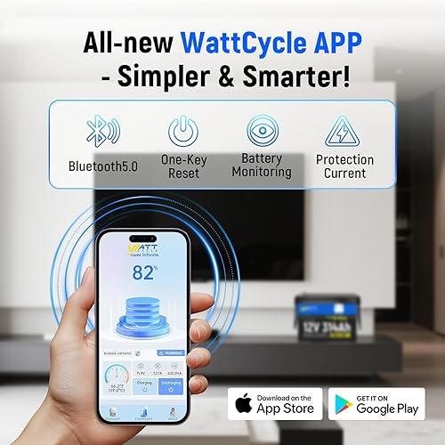 Miniatura 6 de WattCycle Mini batería de litio LiFePO4 de 12 V 314 Ah (equivalente a 300 Ah) - Bluetooth 5.0, 200 A BMS, 4.01 kWh de energía, aletas de