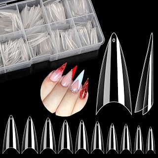 500PCS Stiletto Nail Tips, Clear Nail Tips for Acrylic Nails Professional, Press On Nails Half Cover Nail Tips, Acrylic False Nails for DIY Nail Salon and Soak Off Nail Extension 10 Sizes With Box