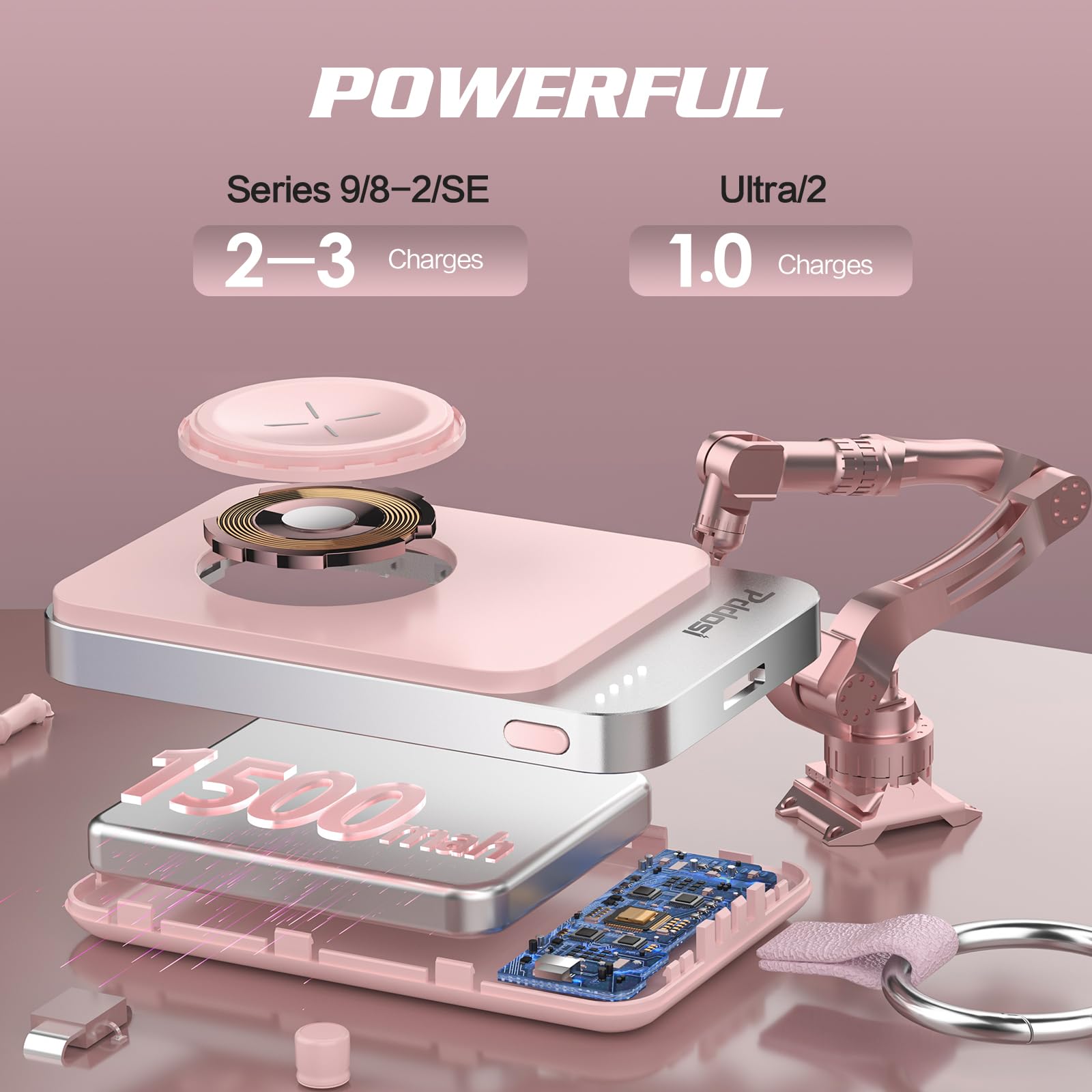 Pddosi Portable Wireless Charger Compatible for Apple Watch Series 10/9/8/UItra/7/6/5/4/3/2/SE, 1500mAh Portable iWatch Charger Travel, Magnetic Portable Watch Charger Keychain with USB C (Pink)