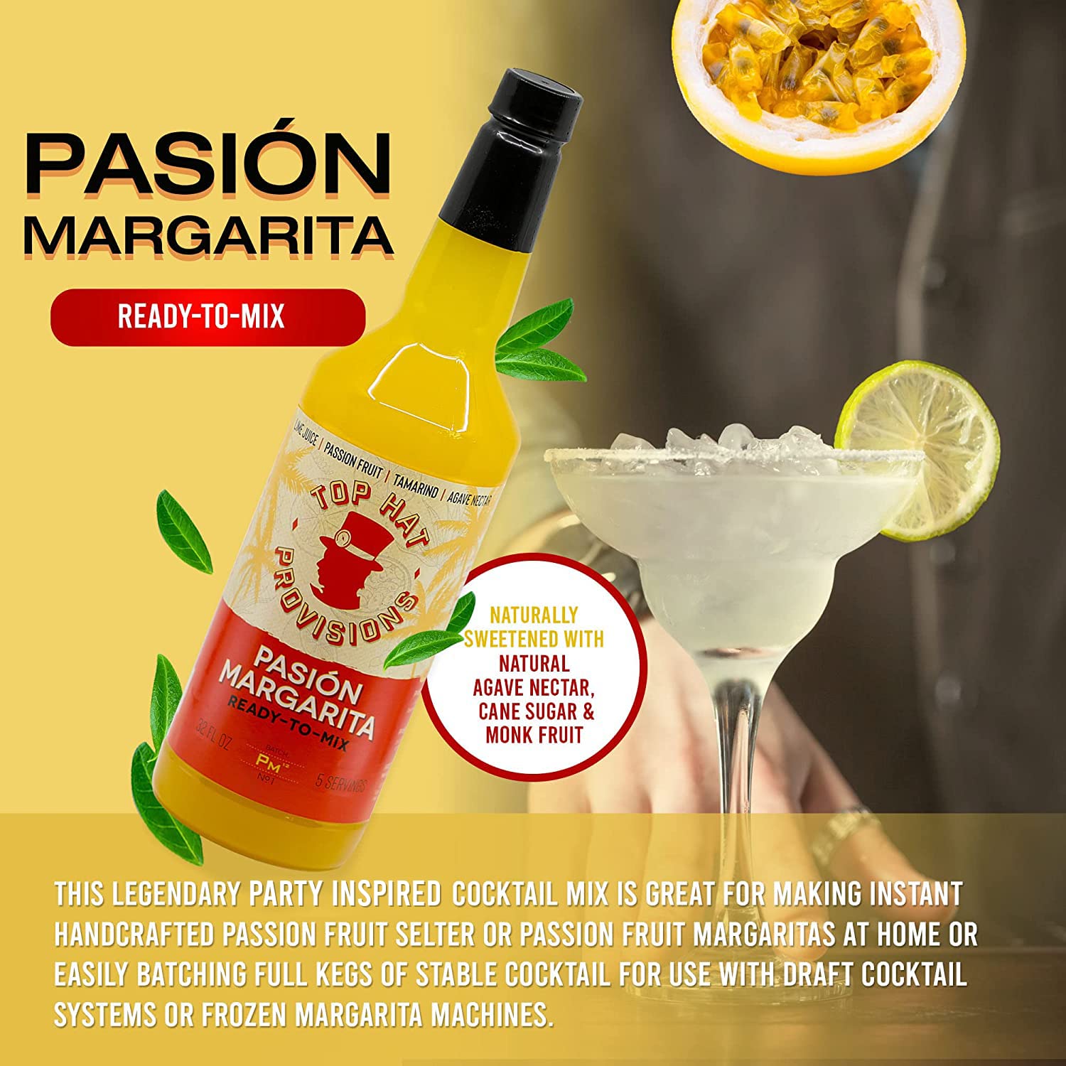 Top Hat Passion Fruit Margarita Drink Mix (Pasión Margarita) - Handcrafted with Passion Fruit, Organic Agave Nectar & Organic Lime Juice - Low Calorie - 2 Pack of 32oz Bottles