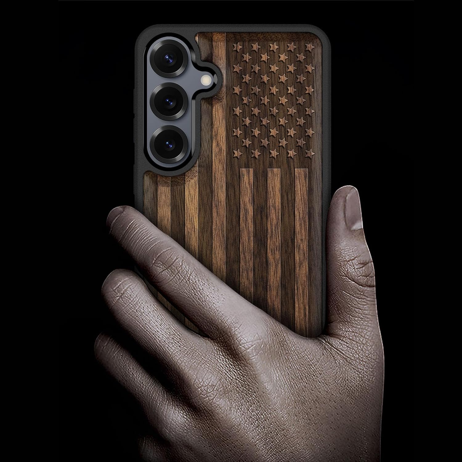 Carveit Magnetic Wooden Case for Samsung Galaxy S25 Case 2025, TPU Shockproof Cover & Wood Artisan Engraved, Compatible with MagSafe Wireless Chargers (American Flag) Walnut