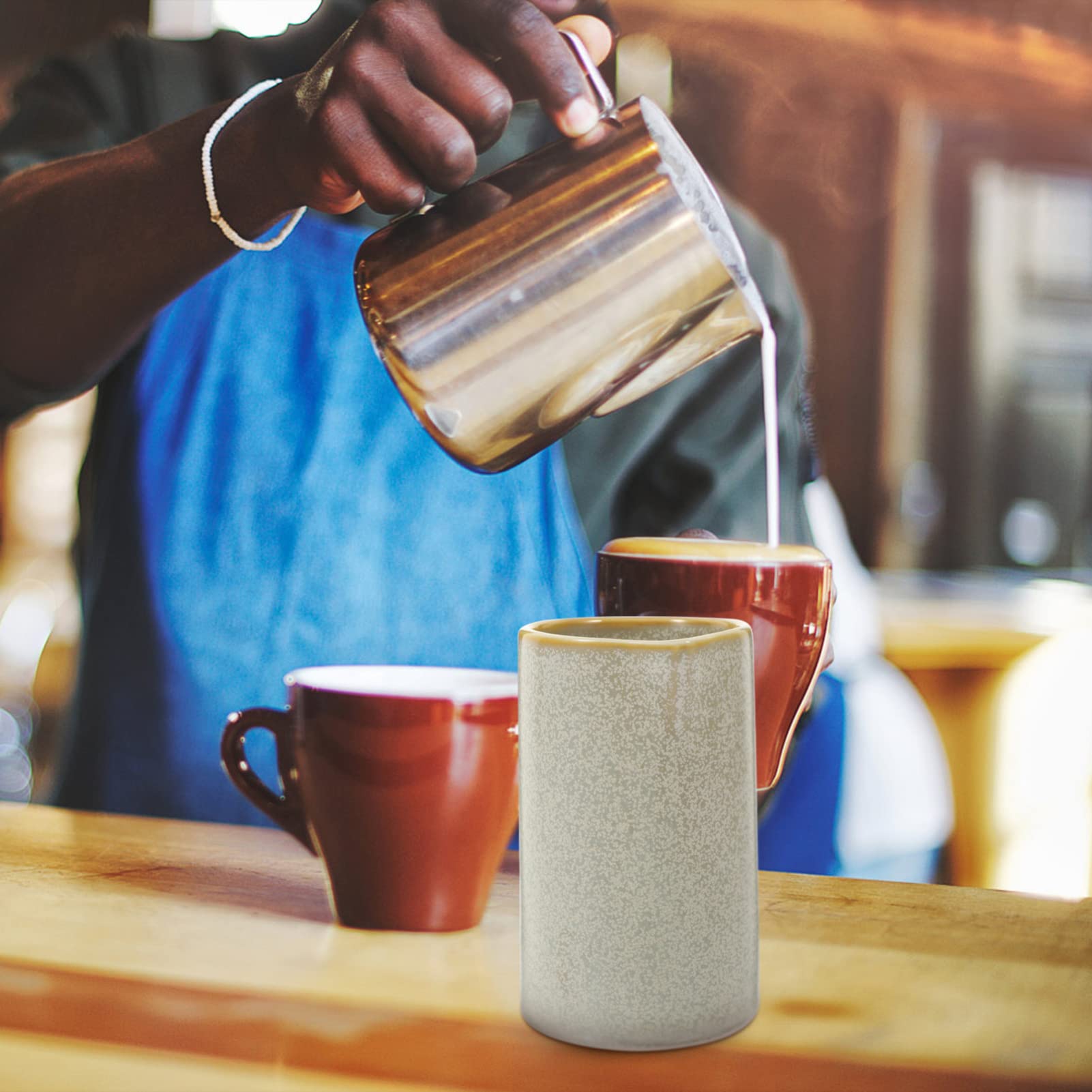 BESTonZON Ceramic Creamer Milk Pitcher Mini Sauce Ketchup Pitcher Coffee Container Porcelain Creamer Honey Jar for Home Coffee Beige