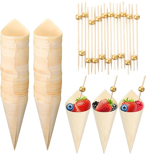 Queekay 200 piezas desechables de madera para charcutería, cono de helado de madera, palillos de bambú para aperitivos, bebidas, boda, fiesta de