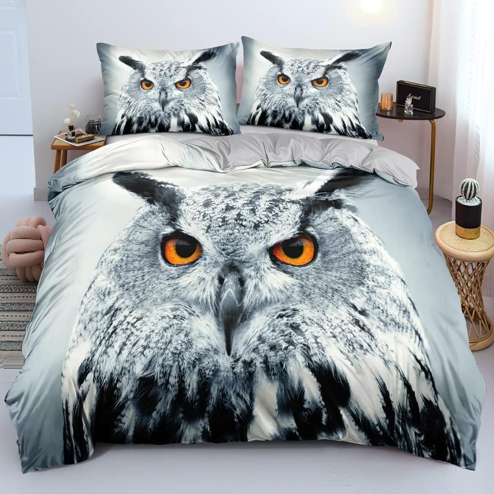 Luowei Tier Bettwäsche 135x200cm Kinder Jungen Eule Motiv Weiß Mikrofaser Bettbezug Set Weich 3D Effekt Bettwäsche 2teilig mit Reißverschluss und 80x80 cm Kissenbezug